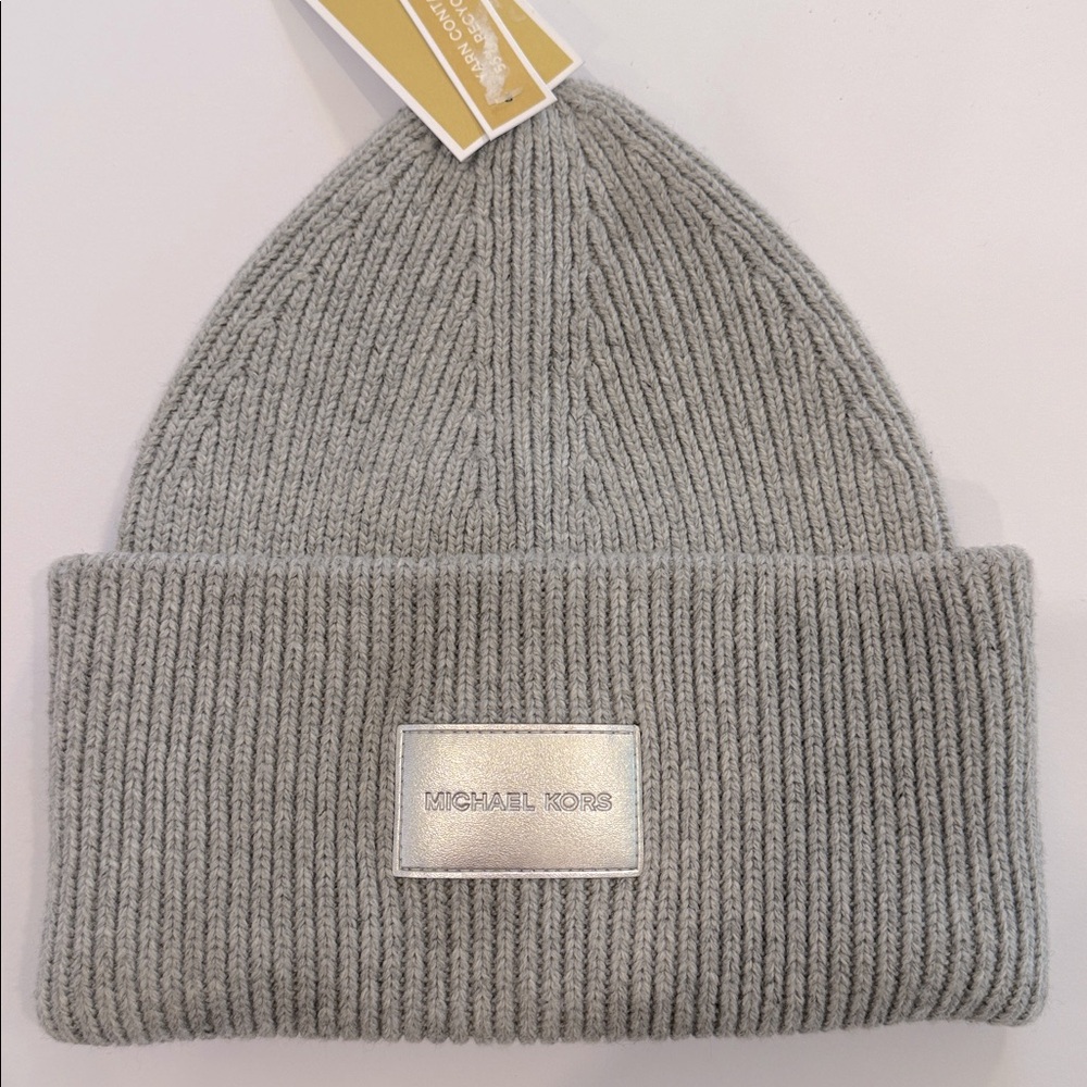 MICHAEL Michael Kors Gray and Silver Fine Rib Cuff Beanie